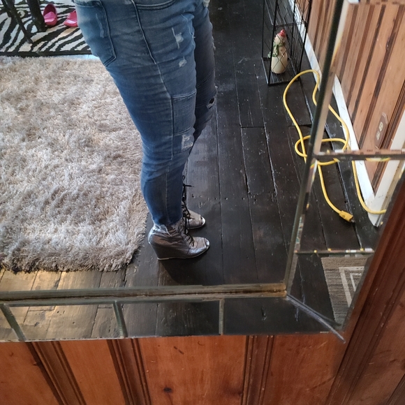 CHANEL SILVER LEATHER LACE UP WEDGE DUSTRESSED BOOTIES O8P - Picture 7 of 16